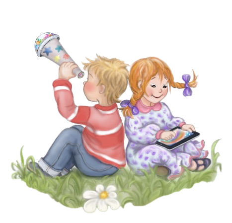 Illustration of two children reading together on a tablet